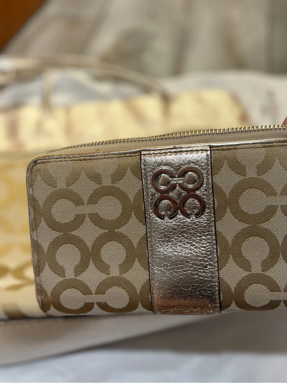 Coach Metallic Gold and Tan Signature Tote with Matching Wallet & Card Case
